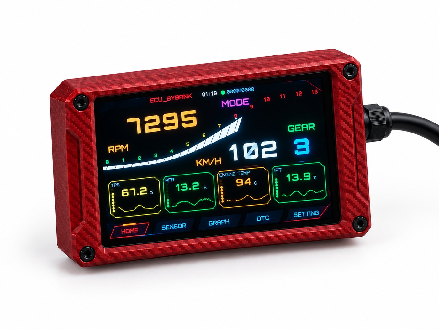 เกจ Smart Gauge ECU_BY_BANK เคสคาร์บอนสีแดง หน้าจอแสดงรอบเครื่อง ความเร็ว เกียร์ และค่าเซนเซอร์