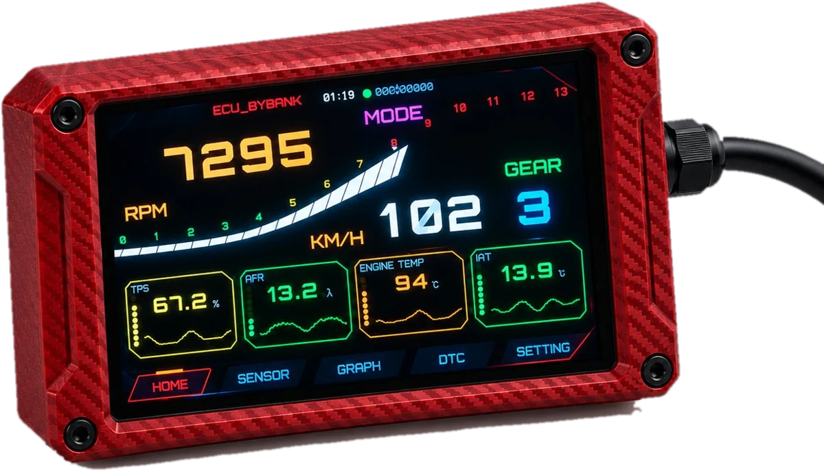 เกจ Smart Gauge ECU_BY_BANK เคสคาร์บอนสีแดง หน้าจอแสดงรอบเครื่อง ความเร็ว เกียร์ และค่าเซนเซอร์